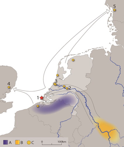 Fig 17 Provenance of the coffin timbers from burials ZAD1320_1, ZAD00066 and ZAD00067, and broader distribution of Rhineland timbers across the North Sea region. North is at the top of the image. Beach burial ZAD00067 came from area (A) Pleistocene region of Noord-Brabant (Netherlands) and Flanders (Belgium). Beach burial ZAD00066 and ringfort burial ZAD1320–1 came from area. (B) German Rhineland. (C) Distribution of the archaeological timber finds included in the German Rhineland chronology. (1) Domburg-Oostkapelle. (2) Wijk bij Duurstede (Dorestad). (3) Oegstgeest and Katwijk. (4) Ipswich. (5) Ribe. Figure by Petra Doeve, adapted from Doeve 2015; Jansma and Van Lanen Citation2015.
