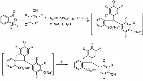Scheme 37. Synthesis of hydroxytriarylmethane from reaction of 2-sulfobenzoic anhydride and phenols.