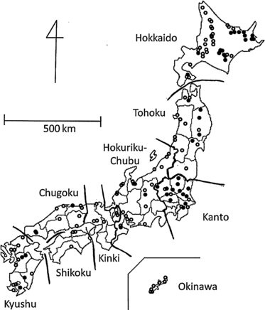 Figure 1 Location of the sampling sites. •, volcanic soils; ○, non-volcanic soils.