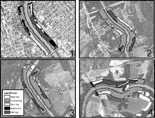 Figure 7. Aerial photographs with delineated land cover classes for study sites 1, 2, 3, and 4. Land cover classes were tabulated within a 1000 m long by 200 m wide segment upstream from each study site.