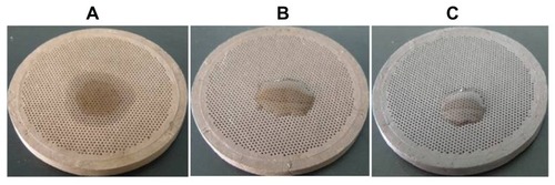 Figure 4 Siphonage of female molds prepared at different temperatures: (A) 940°C; (B) 980°C; (C) 1020°C.