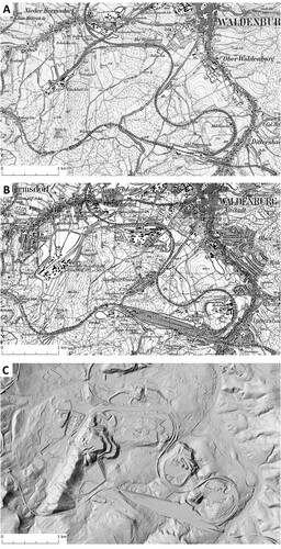 Figure 2. Comparison of landform change in the southern part of Wałbrzych, using archival cartographic materials: A – Messtischblatt at 1:25,000 (1886); B – Messtischblatt at 1:25,000 (1936); C – DTM visualization (terrain elevation data from approximately 2011).