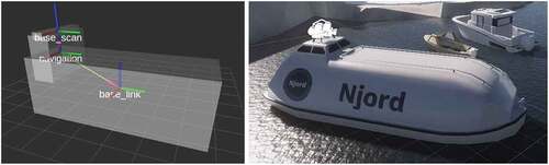 Figure 3. Vessel model with coordinate systems (base_link, navigation, base_scan) in ROS RVIZ, and Unity (NJORD Citation2021).