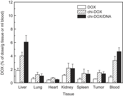 Figure 8.  Tissue distribution of doxorubicin, the chi-DOX conjugate, and the DNA/chi-DOX nanocomplex in S180-bearing mice 4 hr after tail vain injection. The results are expressed as the mean ± SE (n = 3).