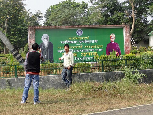 Figure 8. Caption: Celebrating Bengali cultural icons at the University of Tripura, 2011. The Bengali text respectfully commemorates the 150th birthday jubilees of poet Rabindranath Tagore (born in 1861) and spiritual master Vivekananda (born in 1863).Footnote82 Credit: Willem van Schendel.