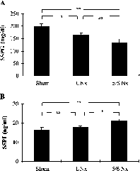 Figure 1 Steady-state plasma glucose (SSPG) (A) and insulin (SSPI) (B) concentrations in each group during the infusion of epinephrine, propranolol, glucose, and insulin. (Bars represent mean ± SEM. ns = not significant. *p < 0.05; **p < 0.01.)