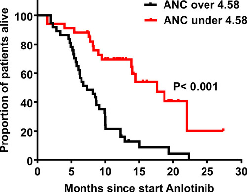 Figure 3 Overall survival (OS) according to ANC. In the group with ANC ≥ 4.58, the median OS (mOS) is 17.6 months, and the 95% CI is 12.3–22.9 months; In the group with ANC < 4.58, the mOS is 7.3 months, and the 95% CI is 4.7–10.0 months. P value is less than 0.001.