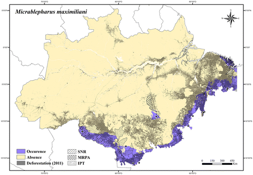 Figure 55. Occurrence area and records of Micrablepharus maximiliani in the Brazilian Amazonia, showing the overlap with protected and deforested areas.