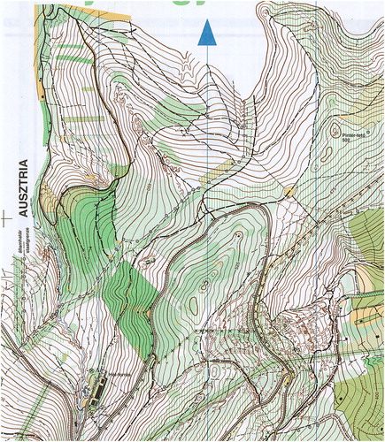 Figure 5. The relevant part of the orienteering map Kőszeg (Király-völgy), 1994 (1:10,000 scale). The NW part of the inset belongs to Austria. Traces of the former border barrier are also visible (a diagonal line parallel to the border section).