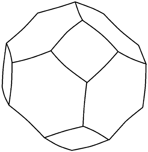 Figure 3. The Kelvin cell, or tetrakaidecahedron. It fills space when its centre is placed on the points of a bcc lattice. It is closely approximated by the flat-sided Wigner–Seitz bcc cell.