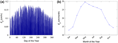 Fig. 4. (a) Hourly potential evaporation flux estimated over 365 d of a year and (b) monthly potential evaporation values estimated by Penman equation.