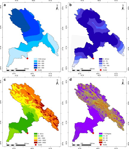 Figure 3. The study area’s (a) annual rainfall, (b) distance to rivers, (c) Digital Elevation Model (DEM), and (d) Slope.