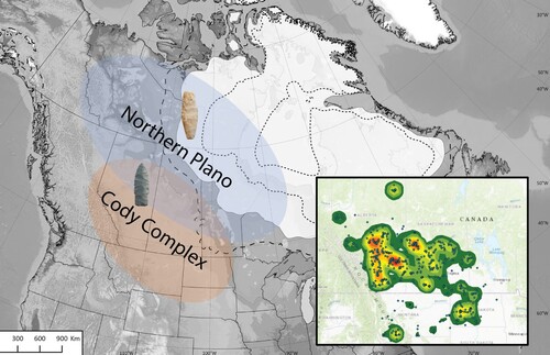 Figure 11. Northern Plano and Cody spheres in the greater Corridor region, with a Holroyd collection Alberta point from northwestern Alberta, and a burinated point from Fort Chipewyan, Lake Athabasca. Inset to right: density isopleths in western Canada and the northern tier of states for Cody Complex diagnostics. Base map after Dalton et al. (Citation2020), indicating retreat of Keewatin ice dome.