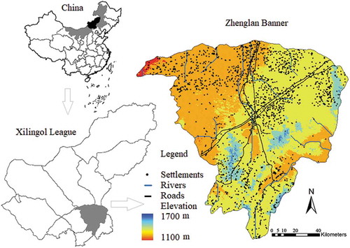 Figure 1. Location of the study area: vicinity maps show the locations of (a) Xilingol League within China and (b) Zhenglan Banner within Xilingol, and (c) shows the spatial distribution of settlements within Zhenglan Banner.