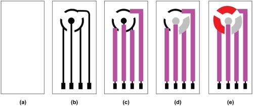 Figure 1 Construction steps for the planar configuration of the screen-printed transducer. a) (PETE) support material; b) conducting silver basal track; c) insulation layer; d) Ag/AgCl pads, the iontophoresis electrode (the central circular one) for reverse iontophoresis and the reference electrode; e) graphite pads, the working and counter electrodes.
