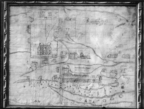 Figure 8. The drawing of Kengis works from 1660 by Denis Joris. Photo courtesy of Jernkontorets bruksbildskatalog (The Swedish Ironmasters Association).