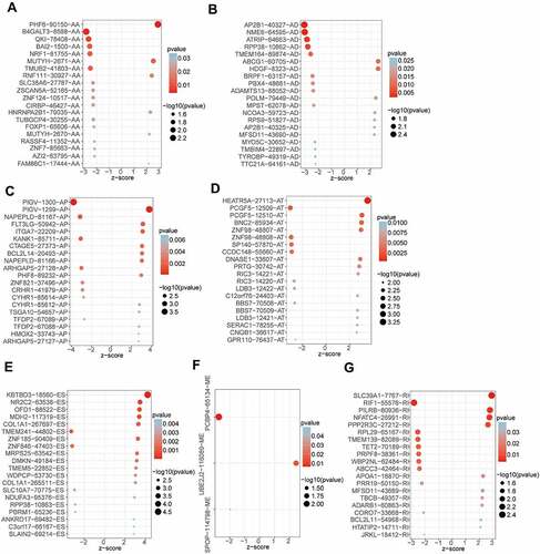 Figure 2. The top 20 most significant prognosis-related AS events in seven types of AS. (a) AA, (b) AD, (c) AP, (d)AT, (e)ES, (f)ME, (g) RI.