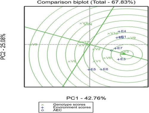 Figure 2. GGE comparison biplot of grain yield in malt barley varieties across environments