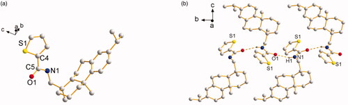 Figure 2. (a) Molecular structure of L4 (hydrogen atoms omitted for clarity). (b) The 1D chain structure formed by intermolecular hydrogen bonds.