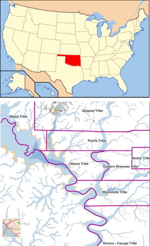 (Top) A map showing the location of the state of Oklahoma within the United States. Credit: WikiCommons. (Below) A map of the far northeastern corner of Oklahoma that includes Tribal Nation boundaries, key mining waste sites, as well as watershed systems. Credit: Wiki commons (top); LEAD Agency (bottom).