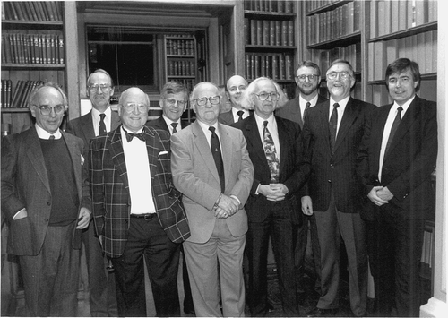Alfred Saupe (far left) at the Royal Society of Chemistry with (from left to right) Geoffrey Luckhurst, Frank Leslie, Martin Schadt, George Gray, Peter Raynes, Cyril Hilsum, John Goodby, Alan Leadbetter and Harry Coles.