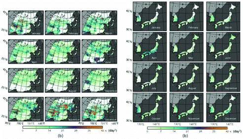 Figure captions:Figure 1(b). Variance of the number of observational days in the Terra/MODIS-observed daily high-quality NDVI data for each month over 10 years (2001–2010) in East Asia. Figure 3(b). Variance of the number of observational days of both Terra/MODIS- and Aqua/MODIS- observed daily high-quality NDVI data for each month during 7 years (2004–2010) in Japan and Korea. In the second sentence of the ‘Results’ section, we stated that: “In the arid region and on the Tibetan Plateau, the variance of NUMdays in January, February, and October–December was high (about 2–3; Figure 1b).” The corrected description is as below: In the arid region and on the Tibetan Plateau, the variance of NUMdays in January, February, and October–December was high (about 40–80 day2; Figure 1b). Taylor & Francis apologises for this error.