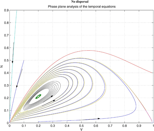 Figure 8. Coexistence steady state is shown to be locally asymptotically stable for system Equation(1) and Equation(2) without dispersal terms and with h(v, n)=0.8 v/(0.05 n+v), f(v)=1−v, and δ (n)=0.76. Time step is d t=0.005, and γ=15. Here the coexistence steady state is (v s, n s)=(0.2, 0.211). Available in colour online.