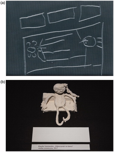 Figure 1. A scan of an embossed drawing (a), and a ceramic sculpture (b): "Rest on the Bench" made by an artist who is congenitally blind (photo by Wojciech Pacewicz).