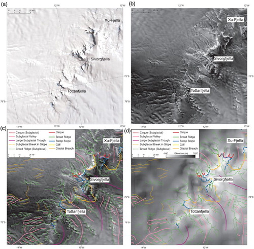 Figure 7. Subglacial mapping of the Heimefrontfjella. (a) LIMA showing uneven linear features extending from the main escarpment; (b) RAMP AMM-1 Image Mosaic of Antarctica version 2 (CitationJezek et al., 2013) which has clearly visible linear features which are interpreted as a network of subglacial ridges; (c) Mapping of these ridges and other geomorphological features; (d) Geomorphological features overlain on BEDMAP2 bed topography to illustrate the fit with known topography and the additional topographic detail provided by the mapping.