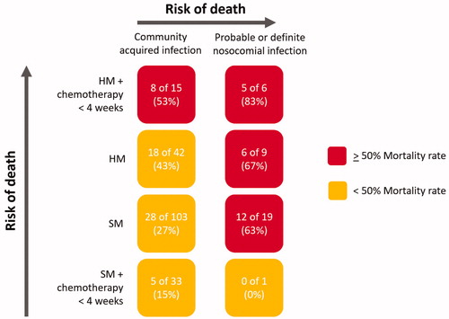 Figure 3. Risk of death relating to nosocomial infection, type of malignancy and whether chemotherapy was received within 4 weeks of COVID-19. The color codes signify the risk of death. HM: haematological malignancy; SM: solid malignancy. HM and SM groups refer to all patients who did not receive chemotherapy within 28 days of COVID-19.