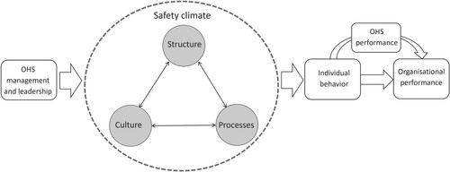 Figure 1 Interaction between OHS management and leadership and the organization’s structure, culture and processes to generate the desired level of OHS and organizational performance. Note: Modified from [Citation1,Citation6,Citation34,Citation38]. OHS = occupational health and safety.