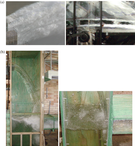 Figure 4. Scale effects in aerated flow situations. Flow direction from left to right on all photographs. (a) Water jet discharging into the atmosphere. Left: the Three Gorges Project, V o =35 m/s, V o /(gd o )1/2=4.2, ρ w q w /μ w =2.8×108, , shutter speed: 1/1,000 s. Right: Laboratory study: V o =4.1 m/s, V o /(gd o )1/2=4.1, ρ w q w /μ w =4.3×105, . (b) Vertical dropshaft. Left: full-scale, V o =1.1 m/s, V o /(gd o )1/2=1, ρ w q w /μ w =1.4×105, , shutter speed: 1/30 s. Right: 3.1:1 scale model: V o =0.57 m/s, V o /(gd o )1/2=1, ρ w q w /μ w =1.8×104, , shutter speed: 1/60 s