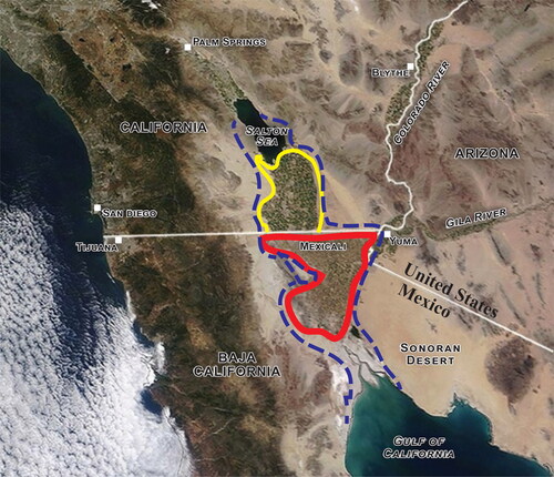 Figure 1 The Mexicali Valley (within red line) lies within the Colorado River delta. The perimeters of the Imperial Valley and of the Colorado River delta are respectively depicted within yellow and blue (dashed) lines. The aquifer studied in this work underlies the Mexicali Valley (within the red line).