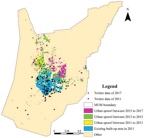 Figure 8. Spatial distribution of urban land from 2011 to 2017, and Twitter data in 2011 and 2017