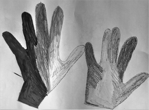 Figure 1. Hope and hygiene: When asked to draw their symbols of lockdown, one regular member of Powerhouse combined the symbol of sanitising hands with a rainbow [Rainbow hands by S. from Powerhouse].