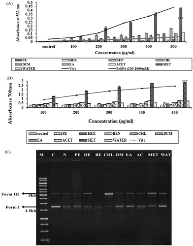 Figure 2. (A) Ferric reducing antioxidative power of different solvent extracts of R. mucronata (100–500 µg/ml) in comparison with l-ascorbic acid (100–500 µg/ml). (B) Reducing power of different solvent extracts of R. mucronata (100–500 µg/ml) in comparison with standard l-ascorbic acid, (C) inhibitory effects of R. mucronata extract on DNA nicking caused by hydroxyl radicals, 0.5 µg of pUC18 plasmid DNA to Fenton’s reaction solution in the absence (lane 3) or presence of different solvent fractions of R. mucronata (1 mg/ml) for 30 min at 37 °C [lane 4 (PE), lane 5 (HE), lane 6 (BE), lane 7 (CHL), lane 8 (DM), Lane 9 (EA), lane 10 (Ac), lane 11 (Me), lane 12 (Water). Lanes 1 and 2 show the DNA molecular marker and native plasmid DNA, respectively].