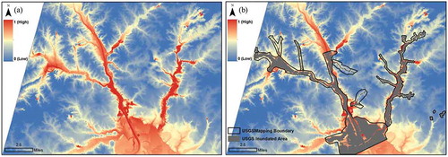 Figure 9. The final flood probability map (FPM) (a) and the FPM overlaid with USGS inundation map (grey shaded) and its map boundary (black line) (b).