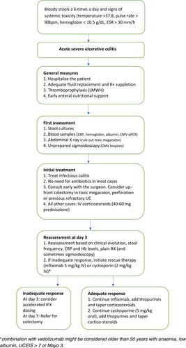 Figure 1 Treatment algorithm for acute severe ulcerative colitis. Adapted with permission from Hindryckx P, Jairath V, D’Haens G. Acute severe ulcerative colitis:from pathophysiology to clinical management. Nat Rev GastroenterolHepatol. 2016;13(11):654–664. Copyright © 2016, Nature Publishing Group, a division of Macmillan Publishers Limited. All Rights Reserved.Citation3