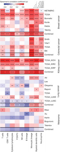 Figure 6. Spearman’s correlation coefficients between immune infiltrate estimates (MCP-counter method) and Annexin A1 (ANXA1) mRNA levels from different public datasets, of breast, colorectal, kidney and lung cancer, and melanoma. For each cancer, a combined p value has been calculated as described in Materials and Methods.