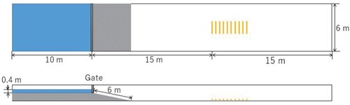 Figure 6. Setup of simulation and experiment for tsunami flow with driftwood.