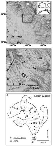 FIGURE 1. Study site. (a) Saint Elias Mountains showing study area (box) and locations of Environment Canada weather stations at Burwash Landing (BL) and Haines Junction (HJ). (b) Detail of Donjek Range study area with AWS locations labeled: South Glacier (SG), North Glacier (NG), and ice-free locations near the headwaters of Canada Creek (CC) and Duke River (DR). (c) Contour map of South Glacier with locations of ablation stakes and AWS.