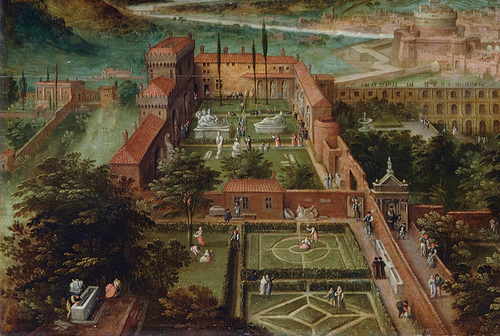 FIGURE 1. Hendrik van Cleef III, view of the Vatican Belvedere Sculpture Gardens, c. 1525–1590; cropped. Note the uppermost court with river gods, torso of Ajax and statues in niches.Footnote61 Source: Fondation Custodia, collection Frits Lugt, Paris, with permission.