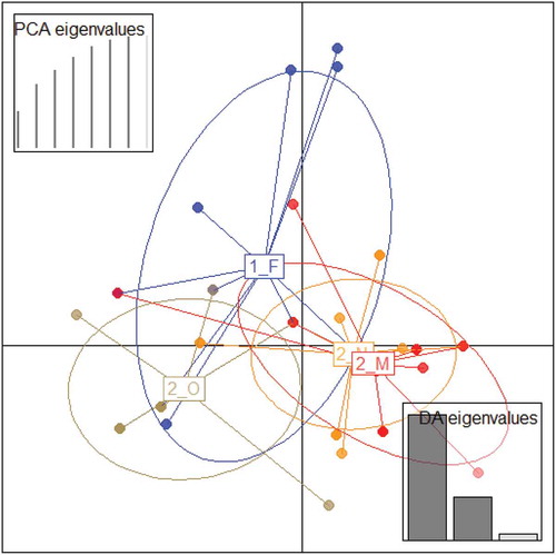Figure 1. Scatterplot from discriminant analysis of principal components (DAPC) of the first two principal components discriminating E. coli communities colour-coded by month (F – February; O – October; N – November; M – March) across two wintering periods (1 – 2010-2011; 2 – 2011-2012). Each point represents actual data, and lines represent each population’s membership. Ellipses represent 67% confidence intervals based on a bivariate normal distribution. Number of principal components at which the maximal reassignment of samples occurred are depicted as black lines the PCA graph on the top-left corner, with subsequent components in grey line.