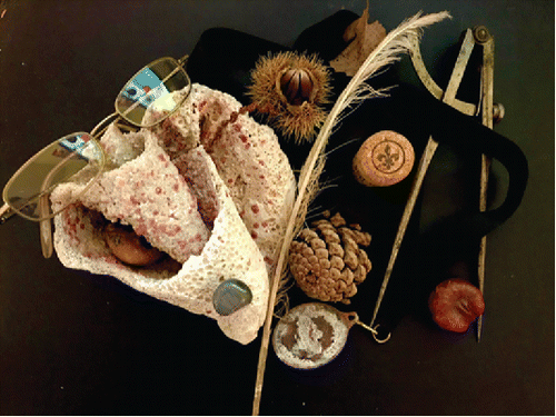 Figure 5. “A Collection of Emotions.” Students: Colin Peters, Patty Prachayaporn Vorananta, Madison Mikel, Haniya Al Aziz, Kaitlin Jane, Pin-ju Chen, Piyatchit Panomvana, CAJ. Objects: Black velvet, antique compass, corroded metal, eyeglasses, chestnut, sprouted acorn, conch shell with stone inside, glass bead, feather, pinecone, cork, and leaf.