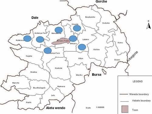 Figure 3. Administrative maps of Wonsho District, Sidama, Ethiopia, showing study localities.