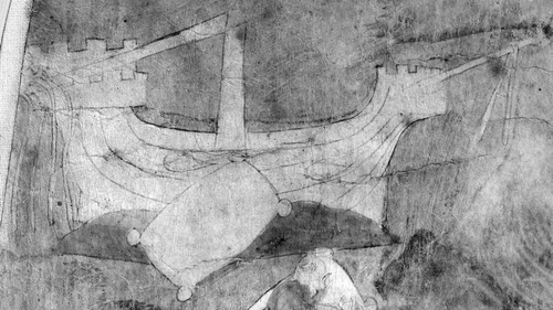 Fig. 2. Gough map. Detail to show the construction of the ship depicted off the east coast of the Orkney Islands. (Reproduced with permission from the Bodleian Library, Oxford.)