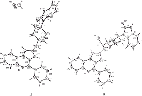 Figure 3 The ORTEP drawing of 1,3-dihydro-1-{1-[4-(4-phenylpyrrolo[1,2-a]quinoxalin-2-yl)methyl]piperidin-4-yl}-2H-benzimidazol-2-ones 1j and 1k with thermal ellipsoids at 30% level.