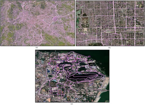 Figure 10. Panoramic view of road network generation in Rome Beijing and Wuhan: (a) road network in Rome (b) road network in Beijing and (c) road network in Wuhan.