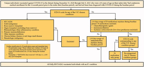 Figure 1. Algorithm to define IC cases. aIndex date was defined as the date of receipt of the 1st BNT162b2 dose; bbased on a review of ICD-10 diagnosis codes and keyword search including immune, malignancy, neoplasm, rheumatoid, and kidney, excluding encounter/screening test. Abbreviations. AIDS, acquired immunodeficiency syndrome; HIV, human immunodeficiency virus; IC, immunocompromised; IS, immunosuppressive.