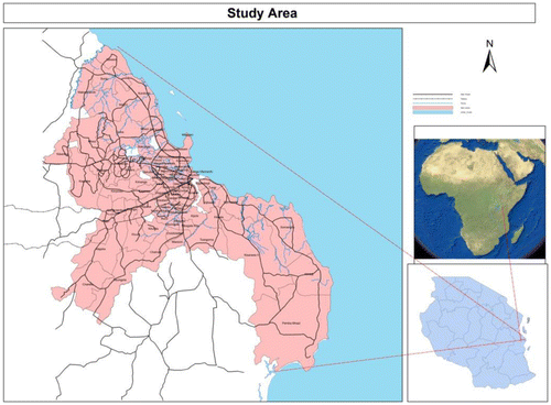 Map 1. Location of the study area, the city of Dar es Salaam, located along the Indian Ocean coast of East Africa on the eastern edge of Tanzania.
